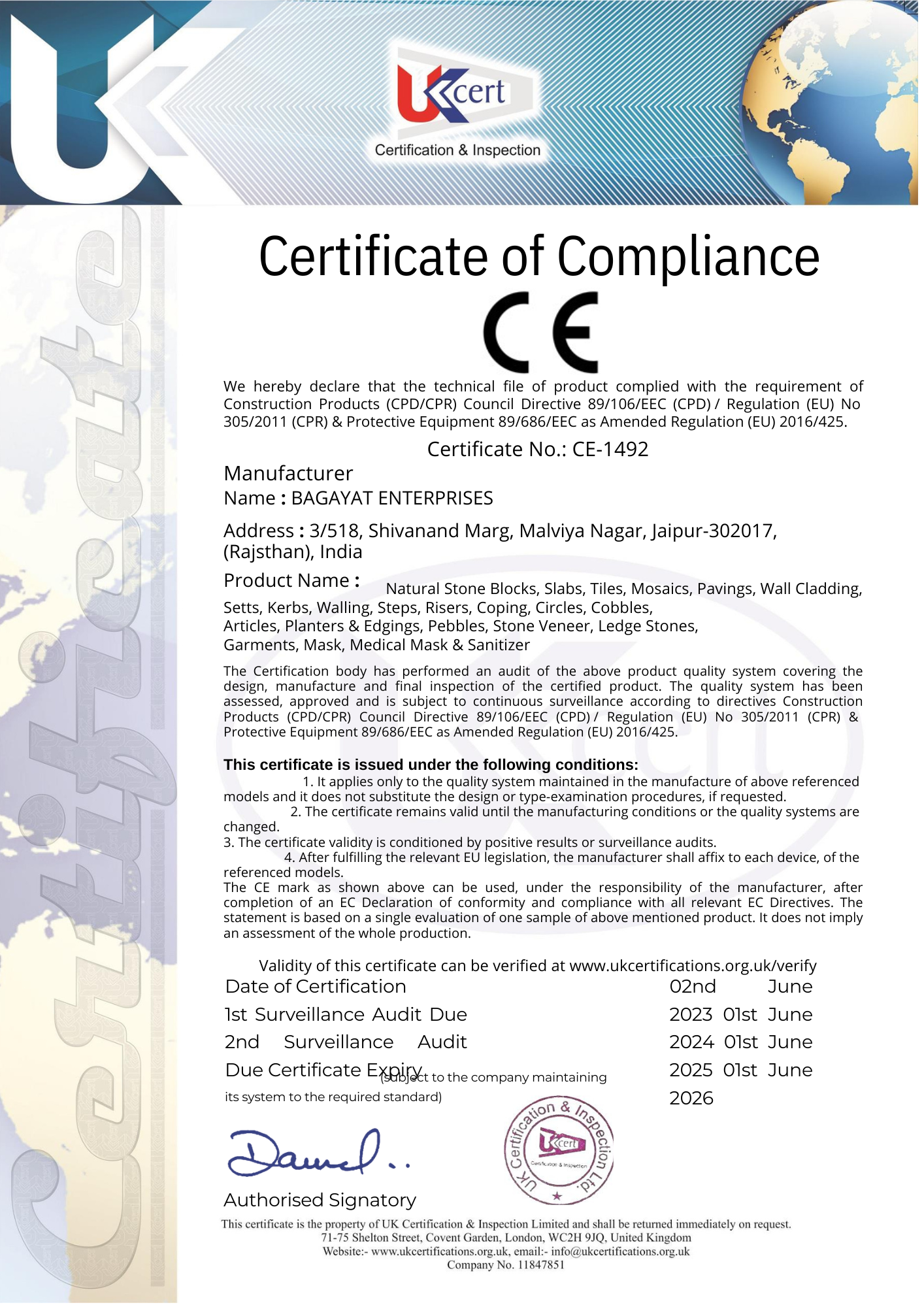 CE Certificate of Compliance